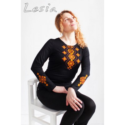 Embroidered t-shirt with long sleeves "Wave" orange on black